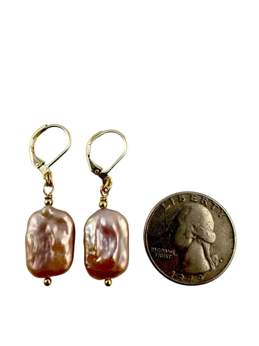 Baroque Pearl Earrings Gold Filled Leverbacks Pink Freshwater Pearl Dangle 18mm - Picture 10 of 10